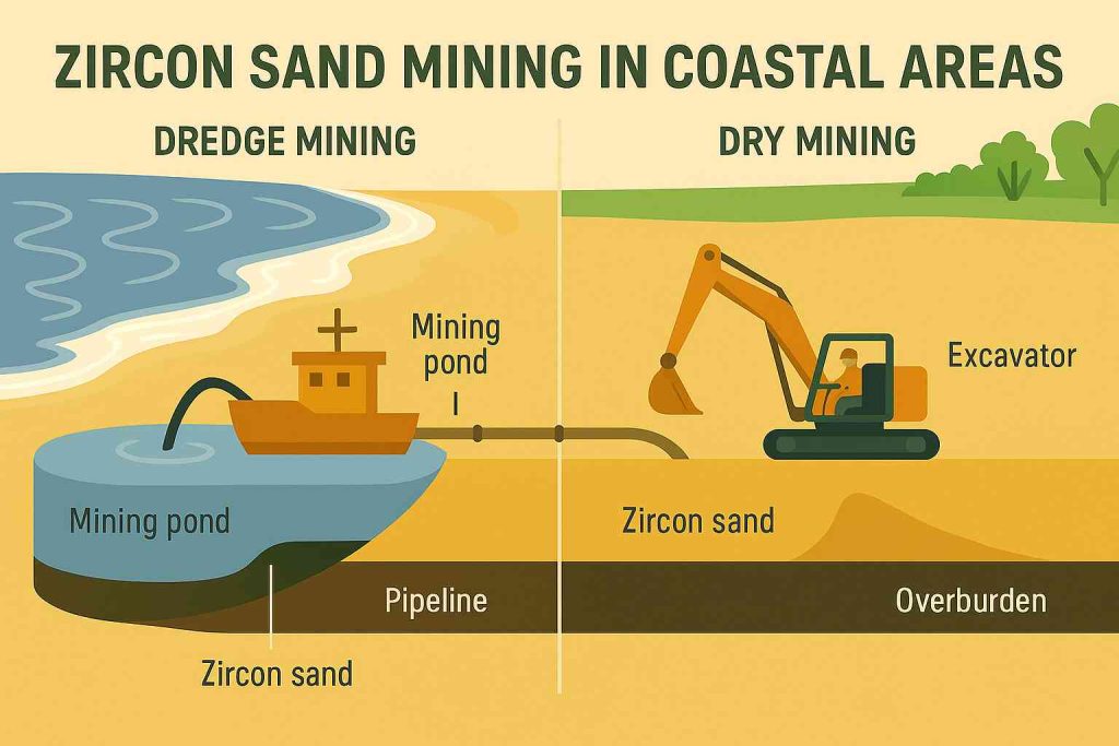 Diagram comparing dredge and dry zircon sand mining in coastal areas