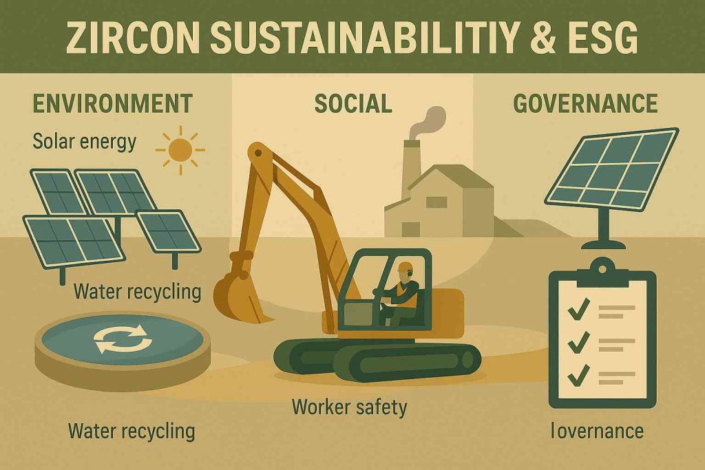 Sustainable zircon mining site using solar panels and water recycling systems