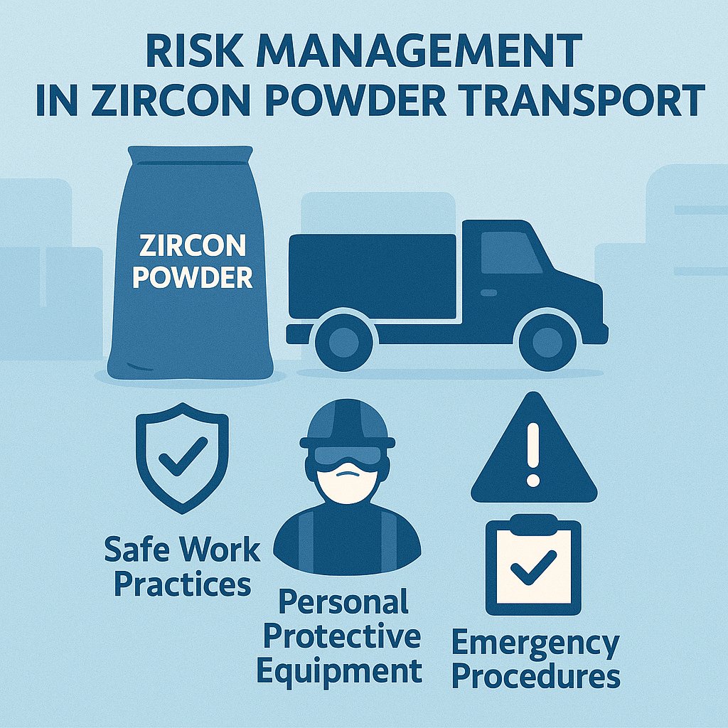 This image emphasizes risk management strategies for transporting zircon powder, highlighting safety measures and protocols.