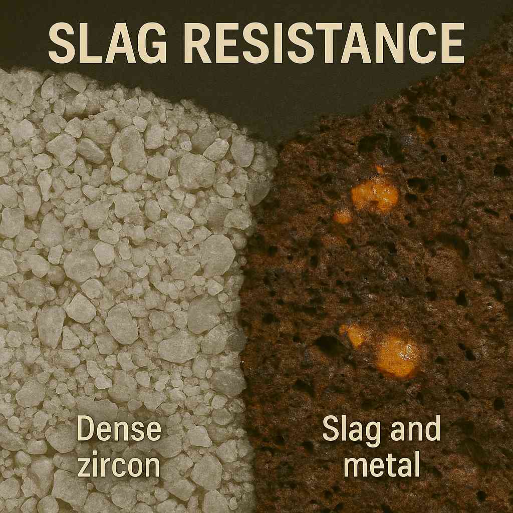 Close-up of dense zircon grains compared side-by-side with slag and metal corrosion to show strong chemical resistance.