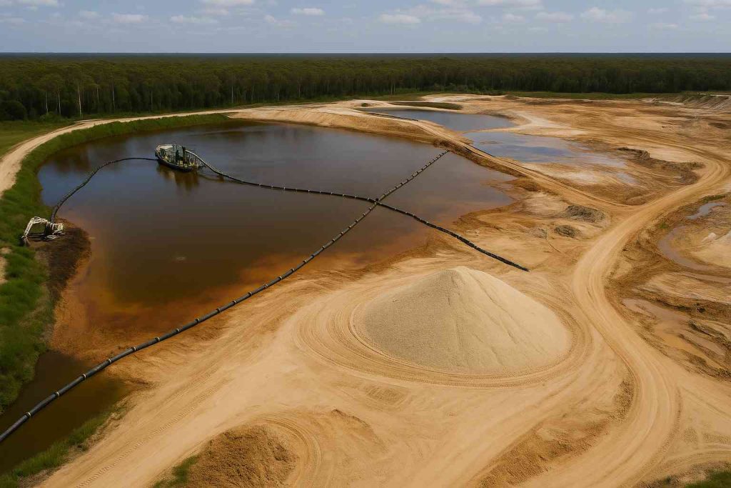 Aerial view of an active zircon sand mining operation with dredging equipment