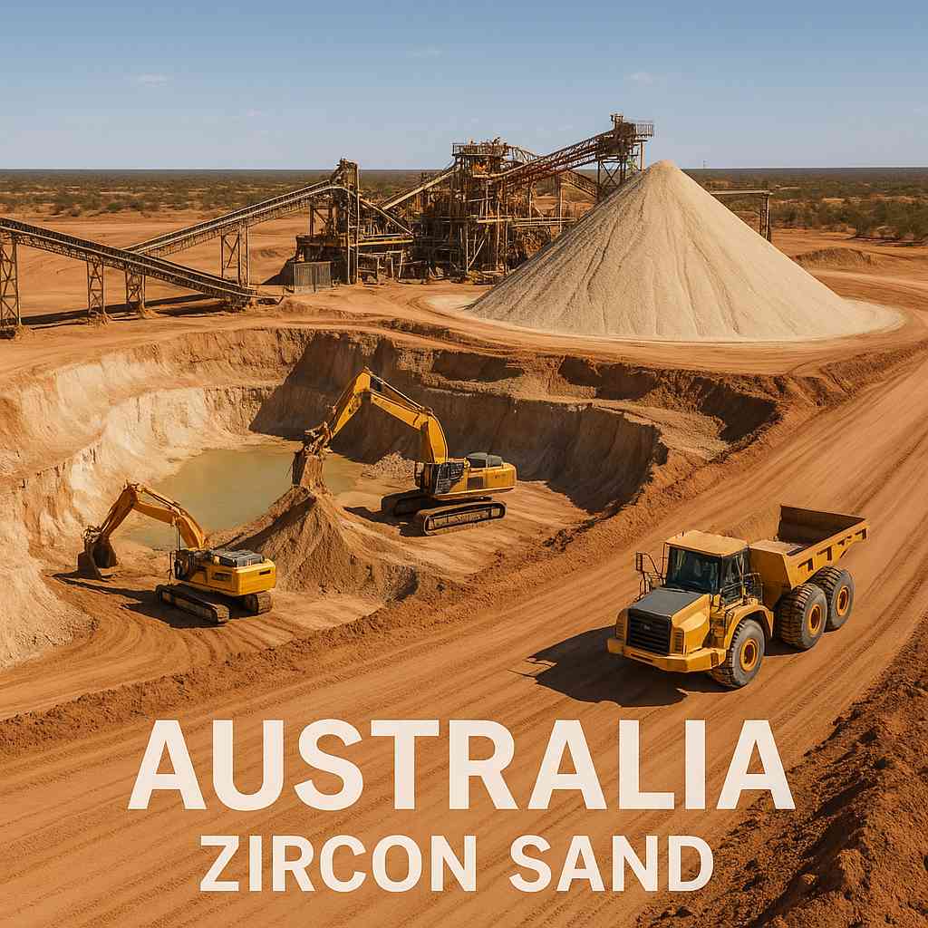 A mining operation in Australia, showing the scale and processing involved in zircon sand extraction.