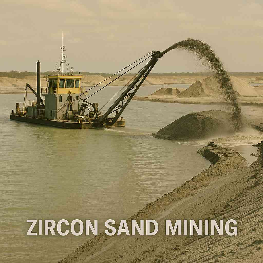 This image shows the start of a zircon mining operation with dredging machines.