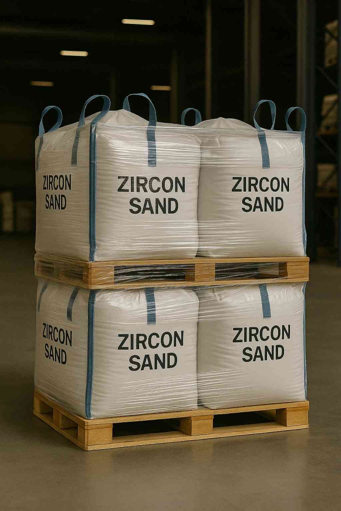 Large white bulk bags of zircon sand stacked on a wooden pallet in a warehouse, wrapped in clear plastic for storage and shipping.