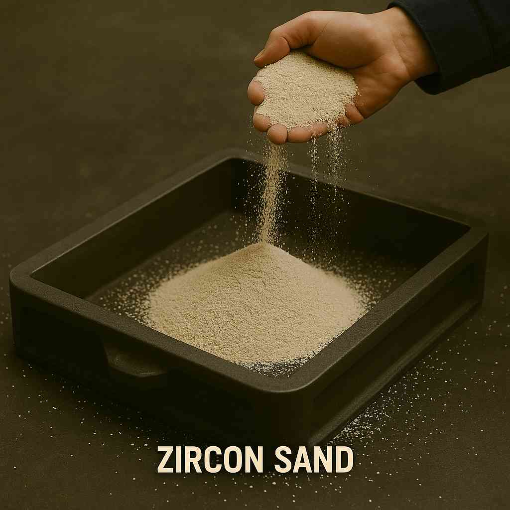 Clean zircon sand grains displayed in a tray with a hand pouring fine particles.