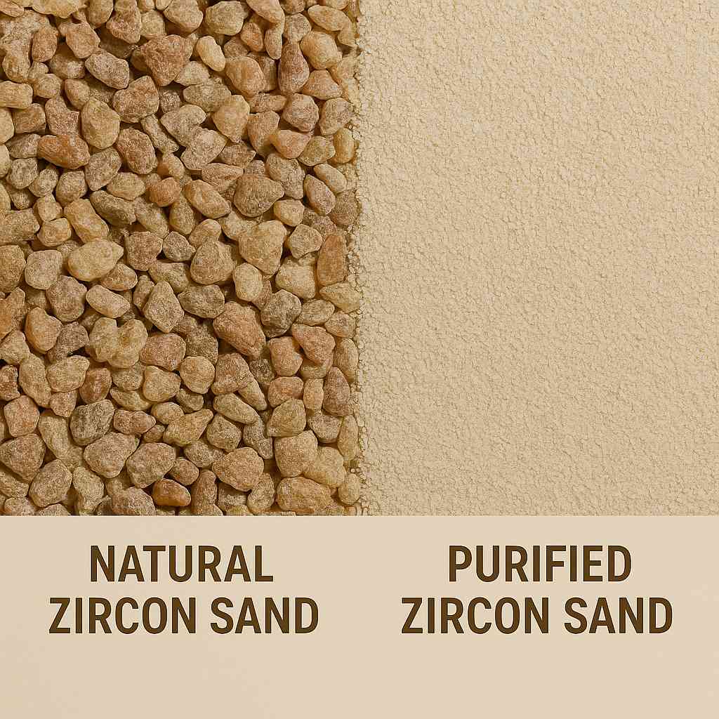 Side-by-side comparison of natural zircon sand and purified zircon sand in granule and powder forms.