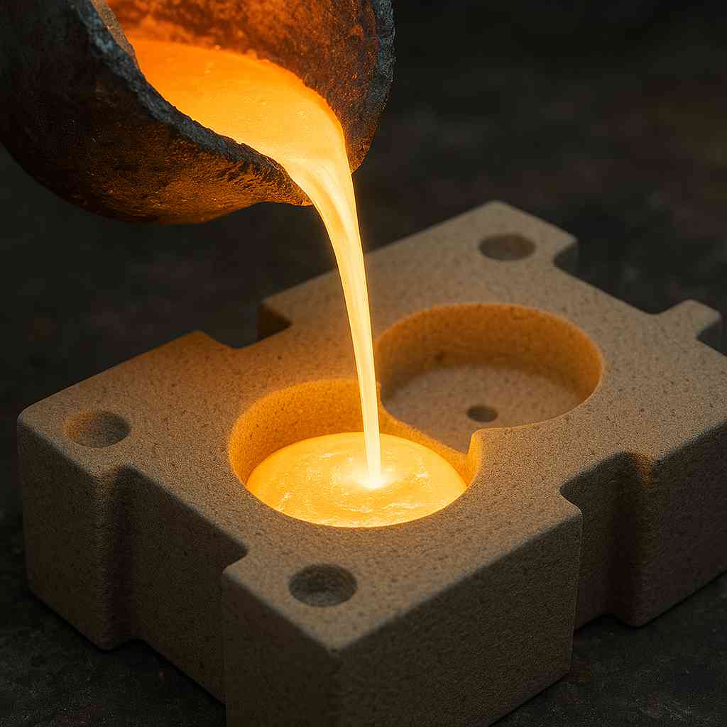 Foundry worker pouring molten metal into a mold made with heat-resistant zircon sand.