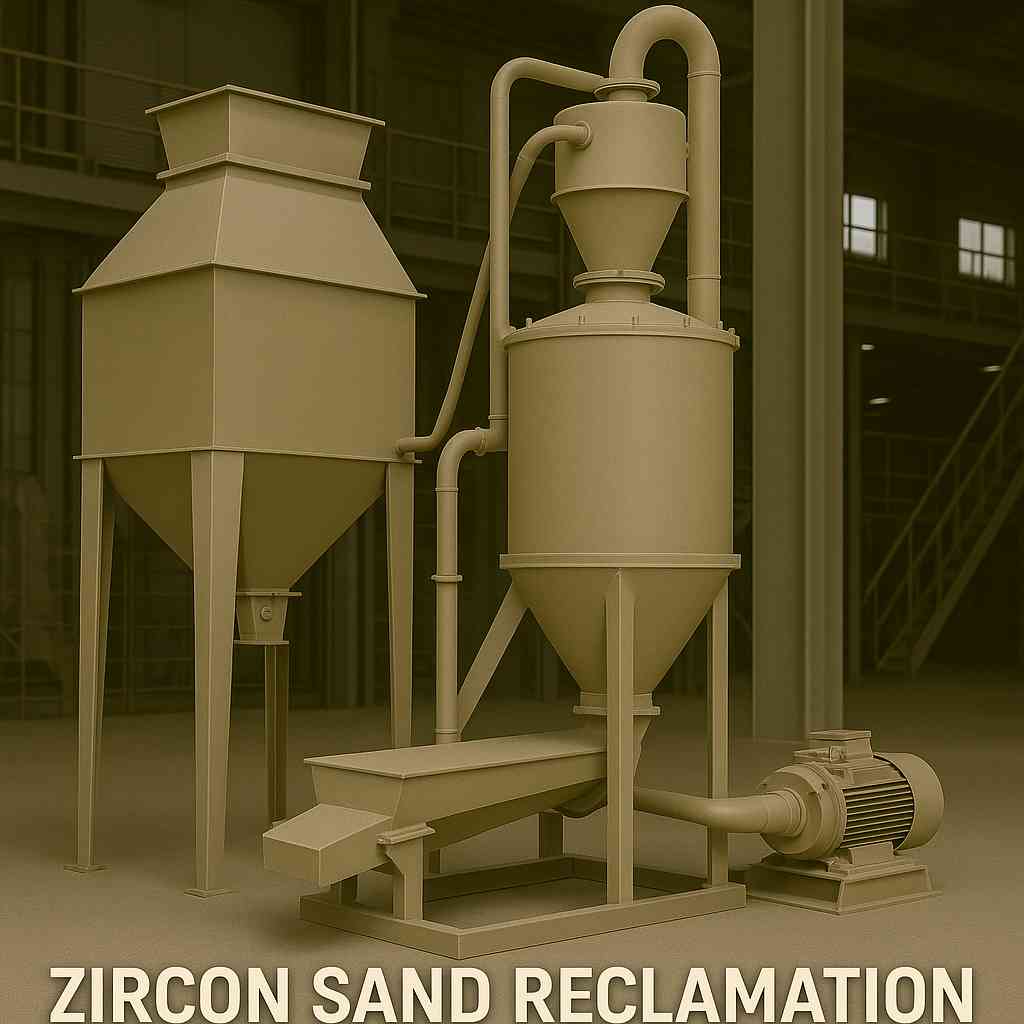 Industrial zircon sand reclamation system with cyclone and separator units.