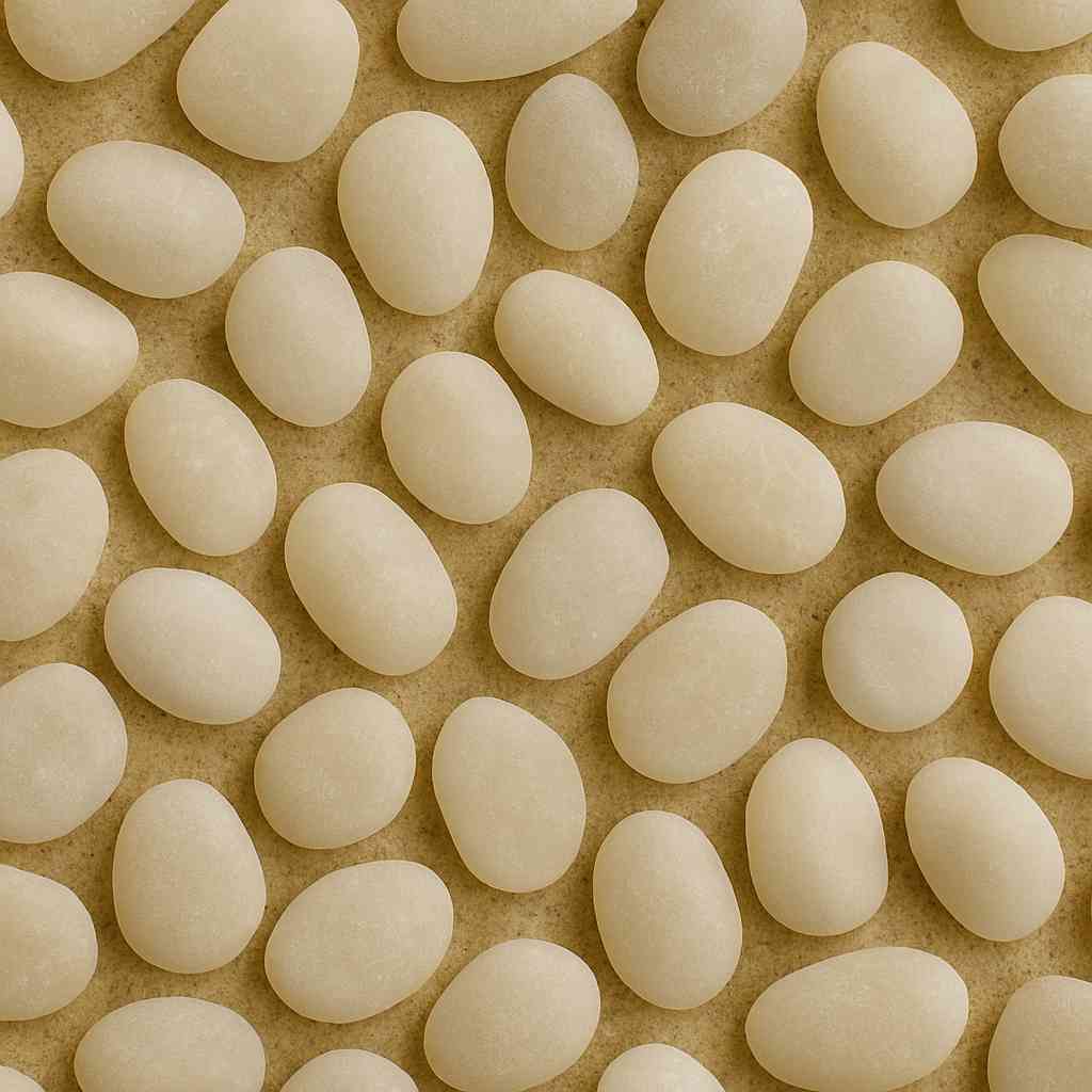 Close-up view of uniform zircon sand grains showing smooth rounded shapes for consistent glaze quality.
