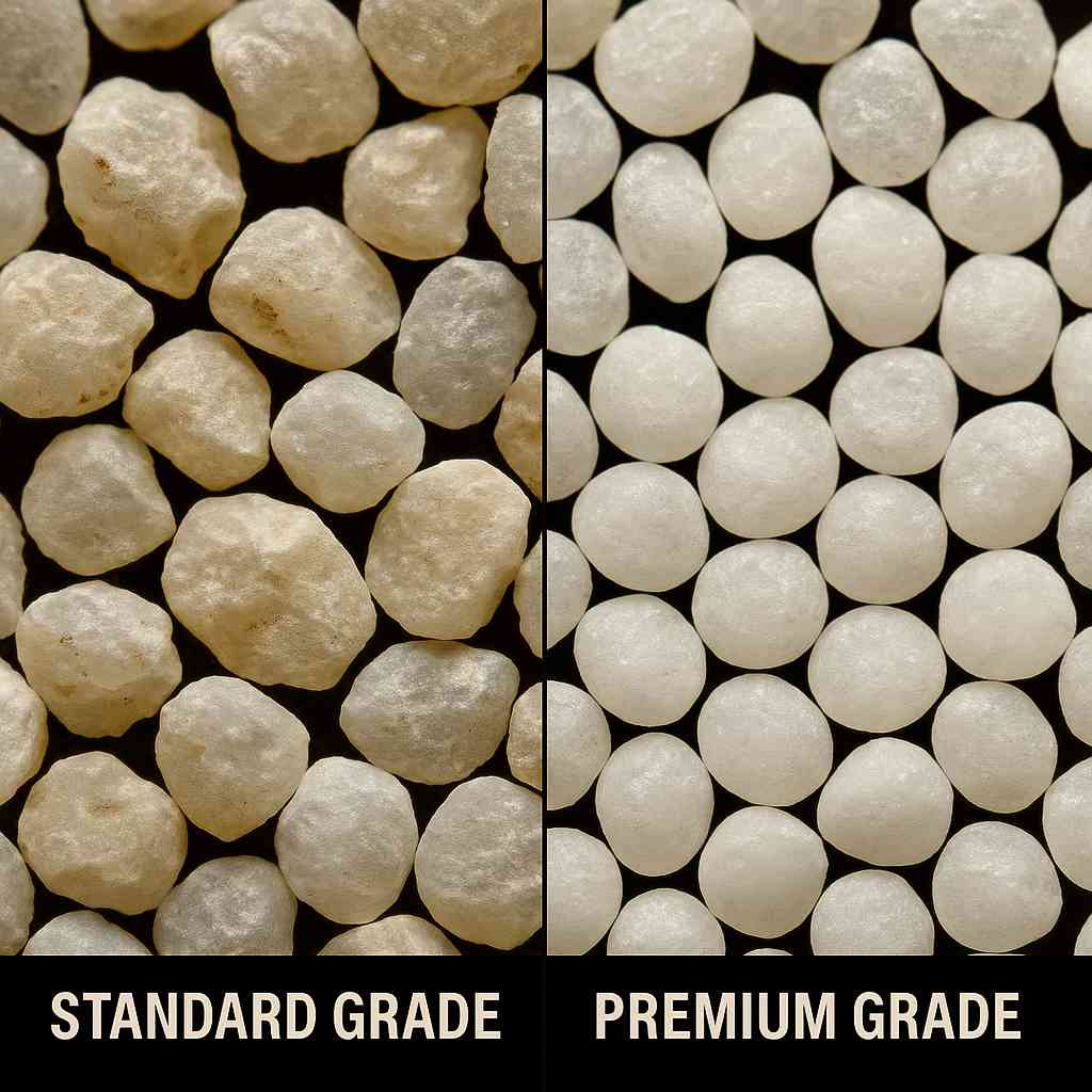 Side-by-side view showing rough standard zircon grains and smooth premium grains.