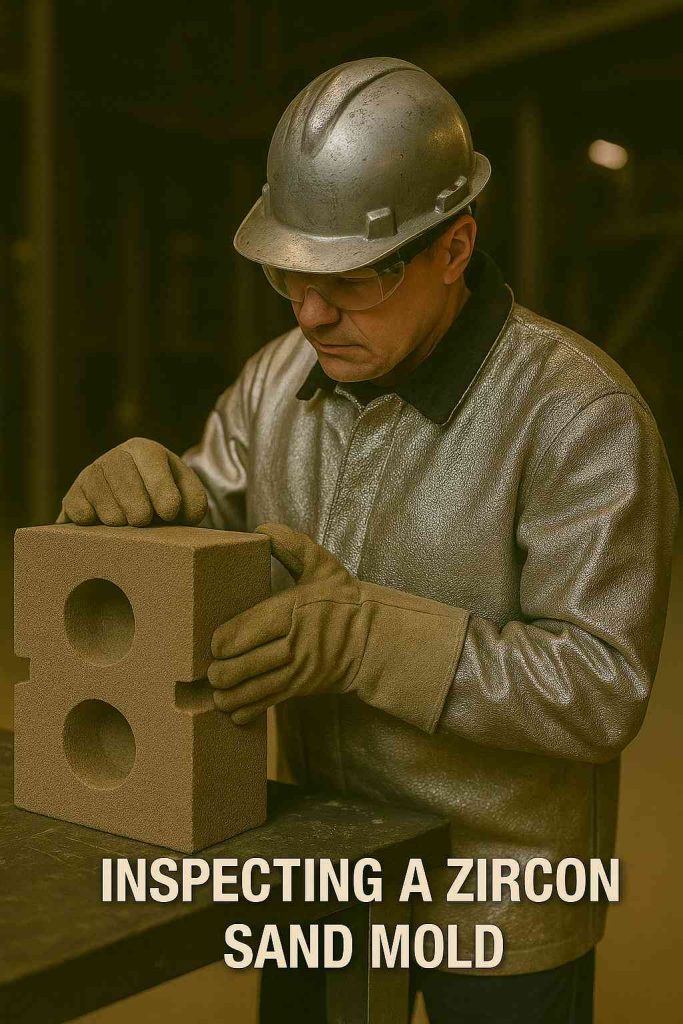 A foundry worker in protective gear carefully inspects a zircon sand mold block on a worktable inside a production facility.