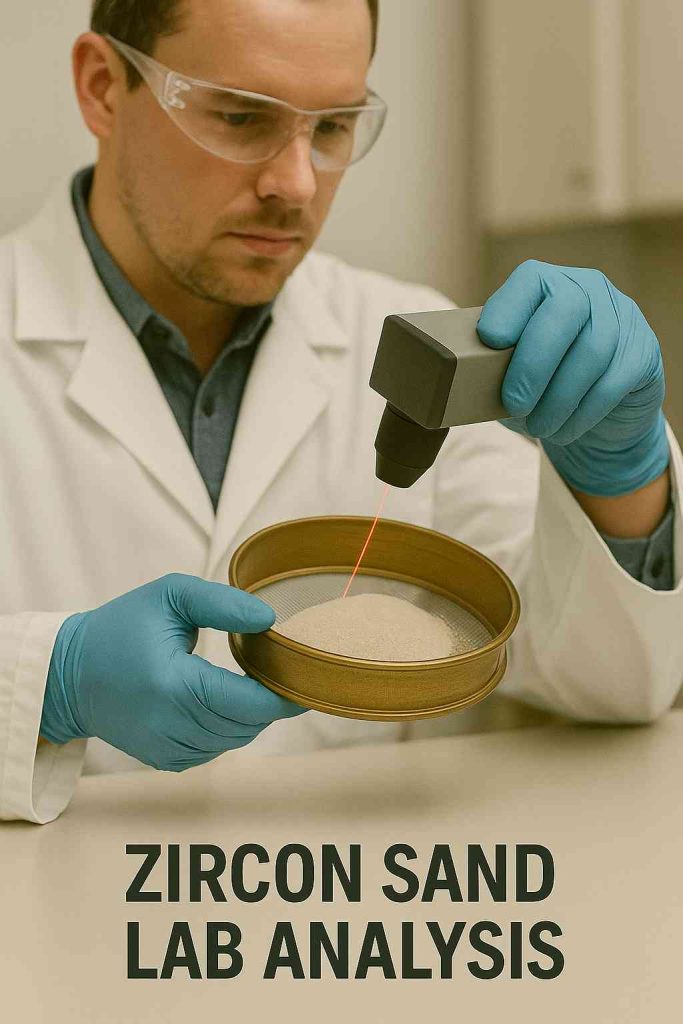 Laboratory technician tests zircon sand grain size with a laser particle analyzer.