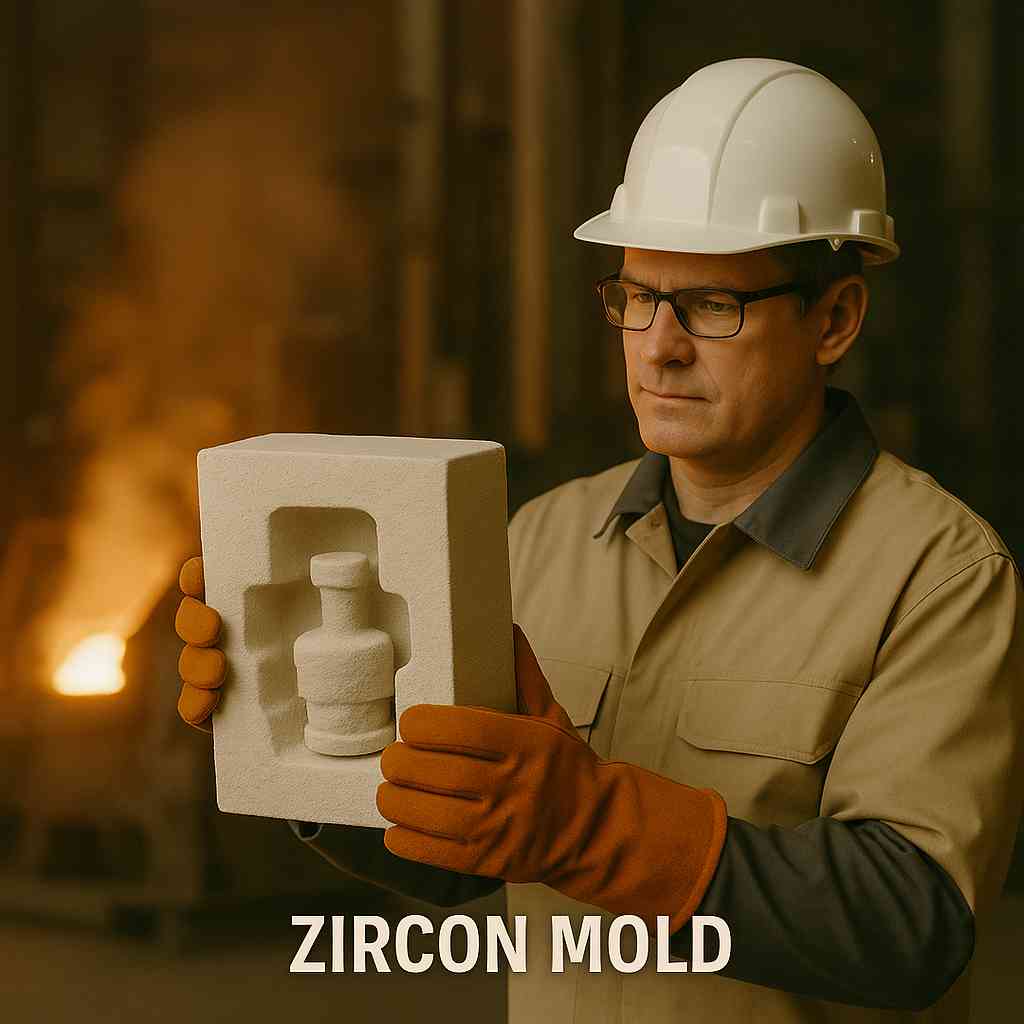 Foundry technician inspecting a zircon sand casting mold under factory lighting.