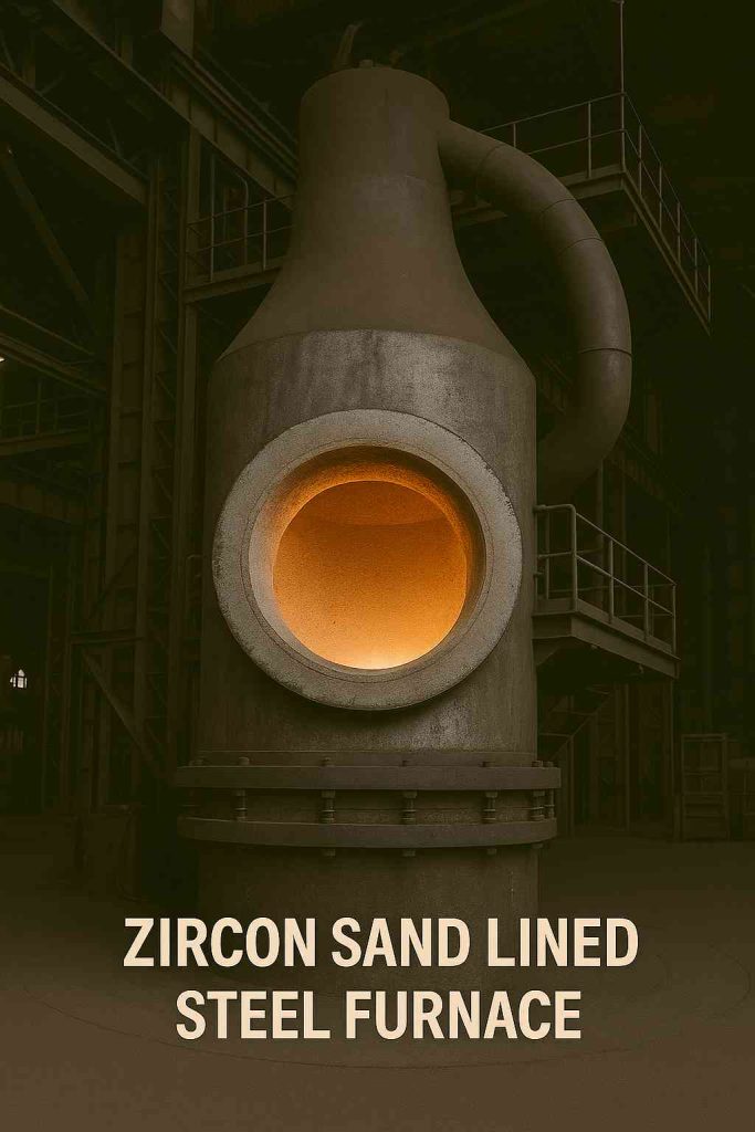 Large steel furnace with inner walls lined by high-grade zircon sand, glowing with molten metal for industrial steel production.