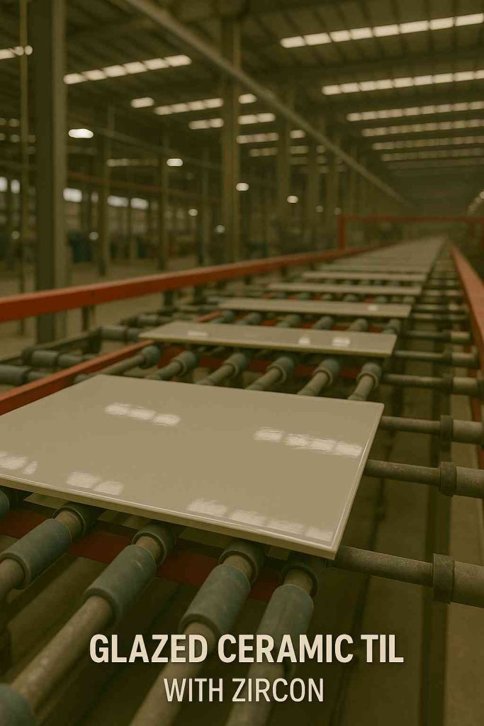 Zircon sand being applied in industrial ceramic tile glazing processes