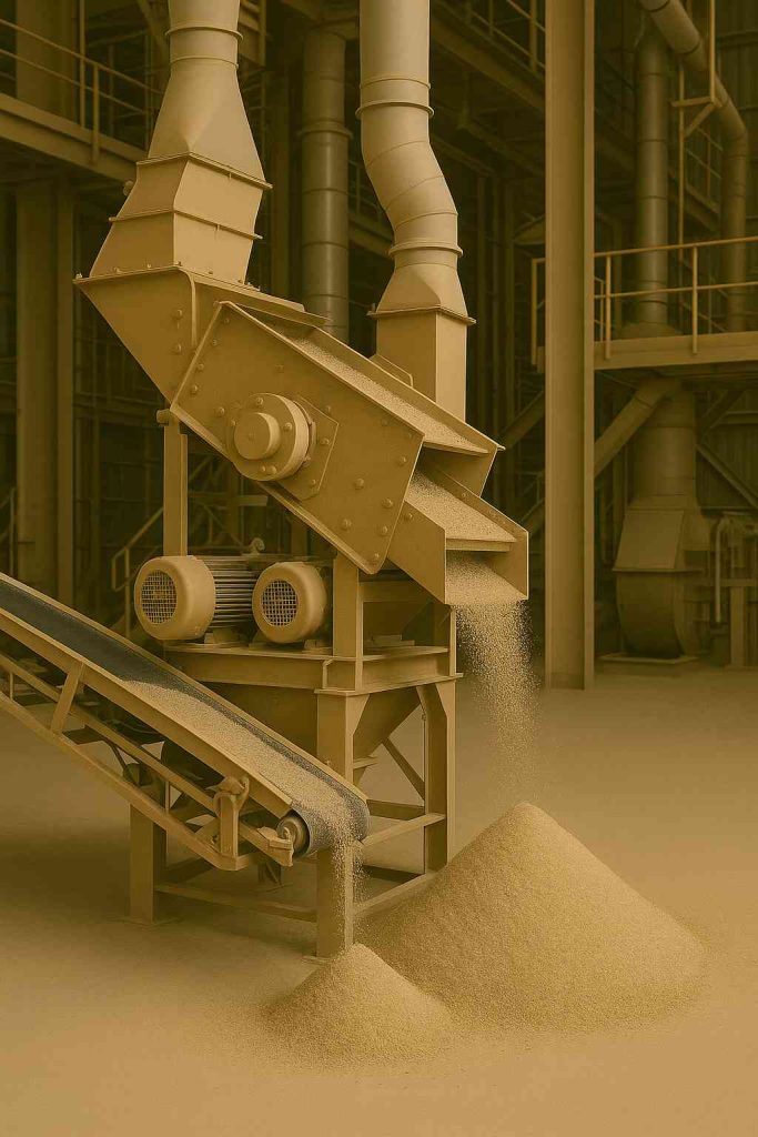 Industrial machine separates and processes bulk zircon sand for commercial supply.