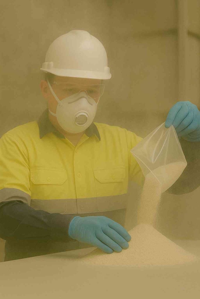 This image illustrates airborne dust risk during zircon sand handling operations.
