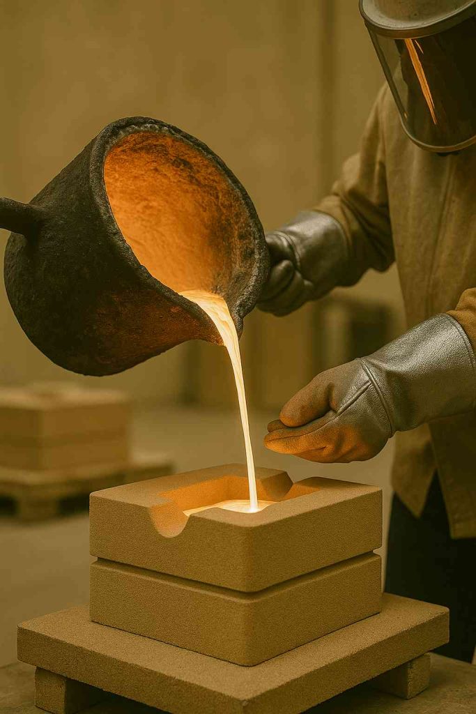 Molten metal being poured from a heavy crucible into a zircon sand mold by a worker wearing heat-resistant gloves and a face shield.