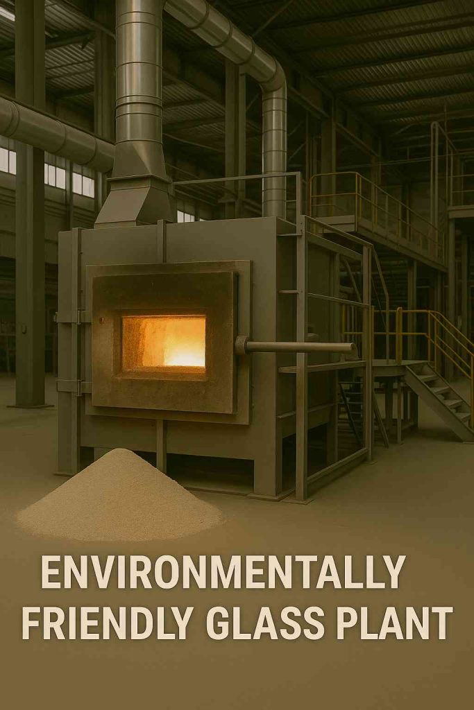 Modern energy-efficient glass plant furnace with stored zircon sand highlighting sustainability