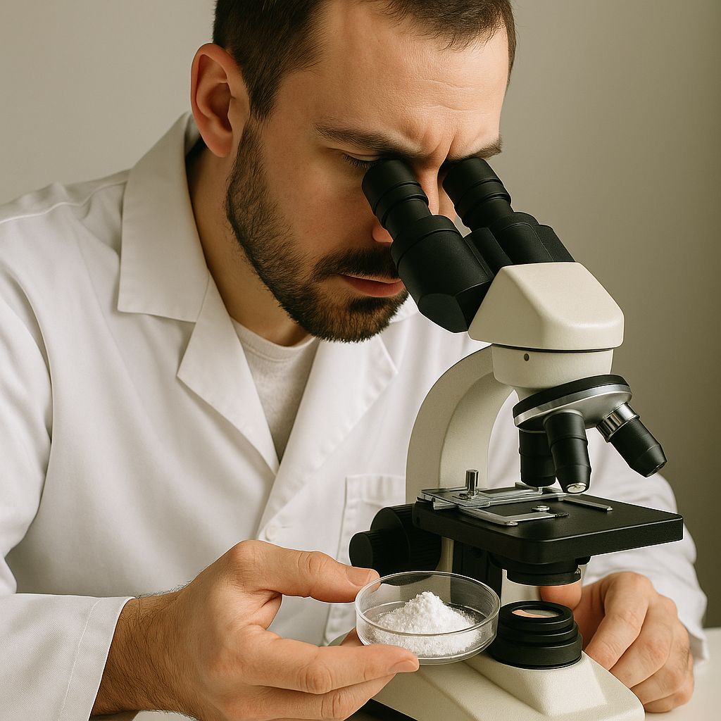 A technician performs quality control on zircon powder to ensure purity and consistency.