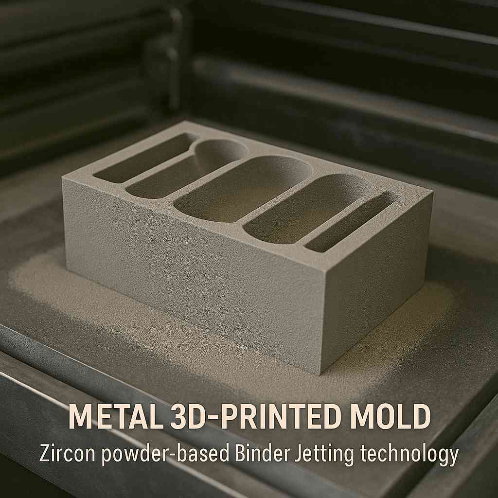 Close-up of a zircon-based binder jetting 3D-printed mold with clean cavity geometry on a metal printing platform.