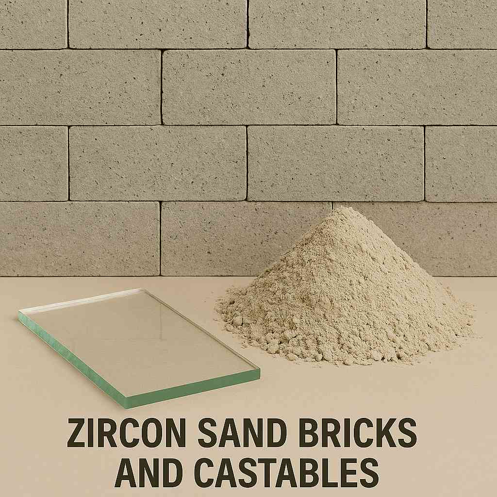 Zircon sand refractory bricks stacked behind a neat pile of processed zircon sand powder beside a glass panel for visual clarity.