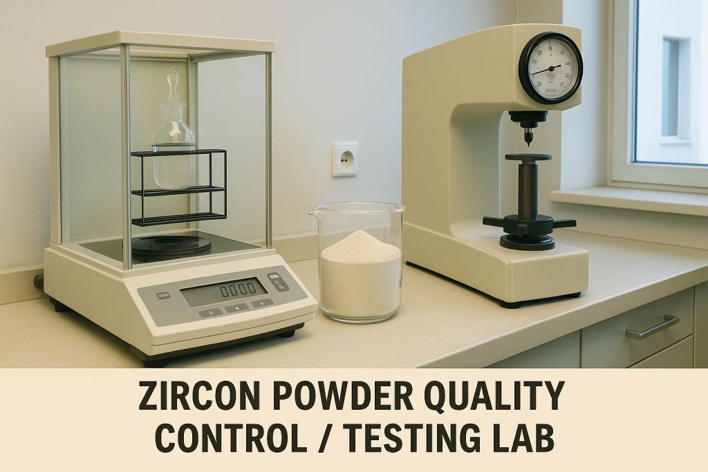 An image of a laboratory setting with equipment used for material testing, such as a pycnometer for density measurement or a hardness testing machine.
