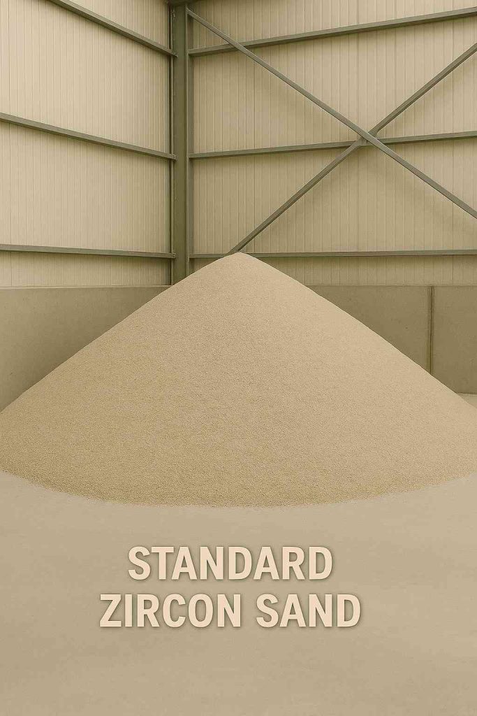 Bulk storage of standard zircon sand in a covered warehouse.