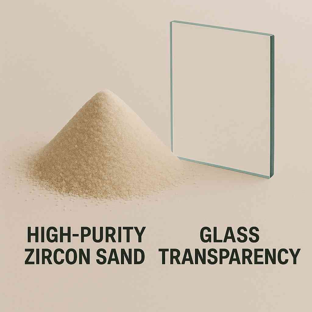 High-purity zircon sand pile next to a clear glass sheet showing transparency level