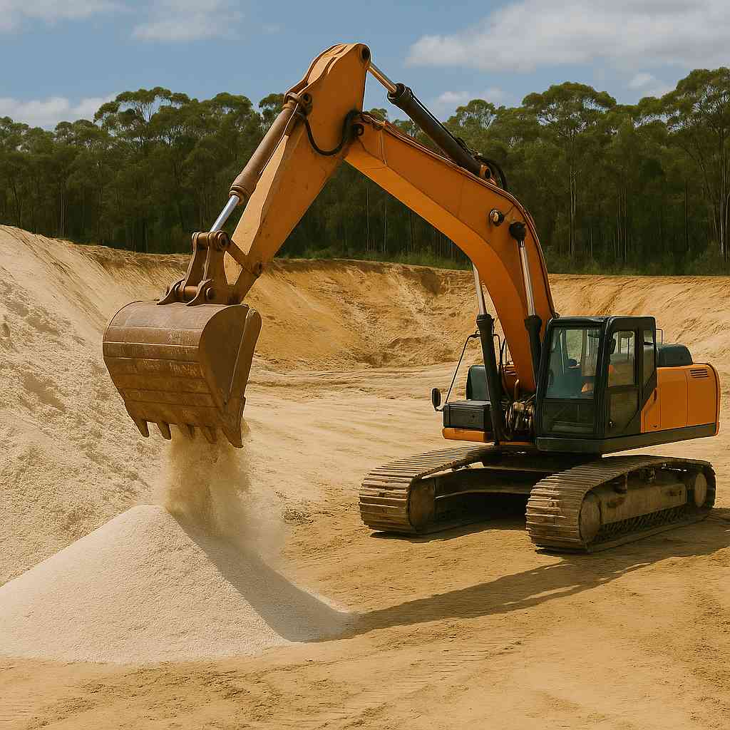 Large excavator dumping zircon sand at an open mining site surrounded by forest under a clear sky.