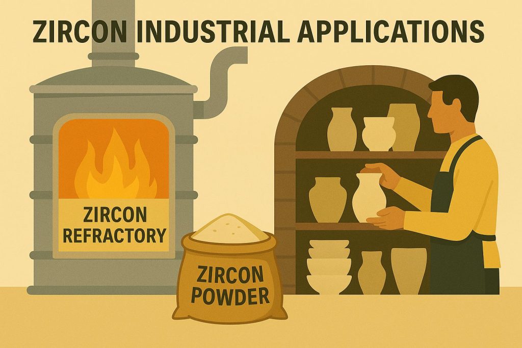 An image depicting an industrial application where zircon powder is used, such as a high-temperature furnace with a zircon refractory lining, or a ceramic manufacturing process.