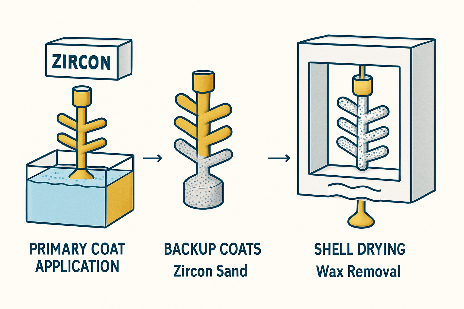 Investment casting process using zircon powder showing primary coat application, backup coats, shell drying, and wax removal