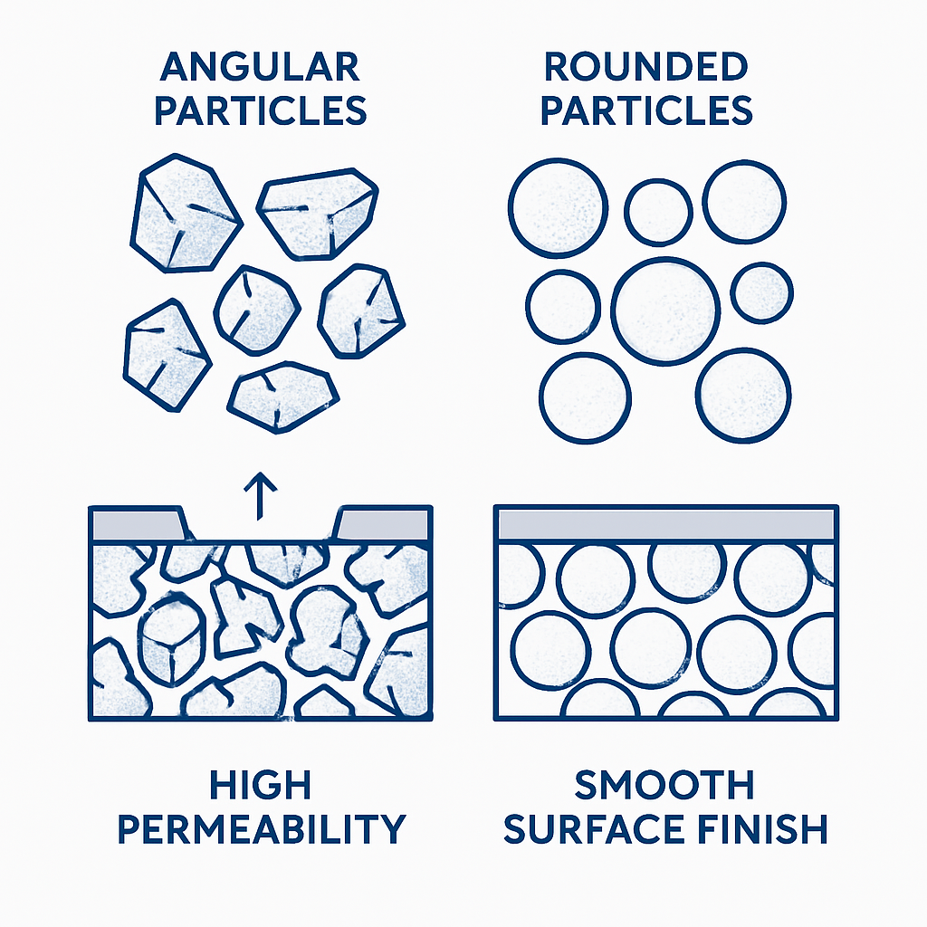Different zircon powder particle morphologies showing angular vs. rounded particles and their effects on permeability and surface finish