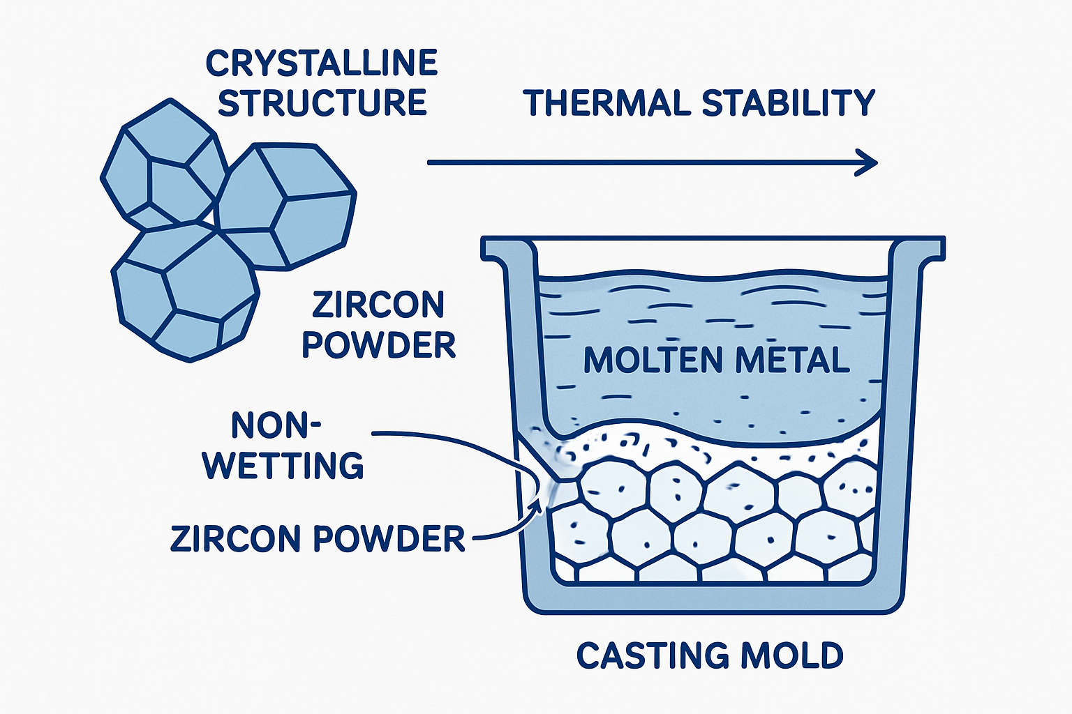 Zircon powder properties showing crystalline structure, thermal stability, and non-wetting characteristics in precision casting applications