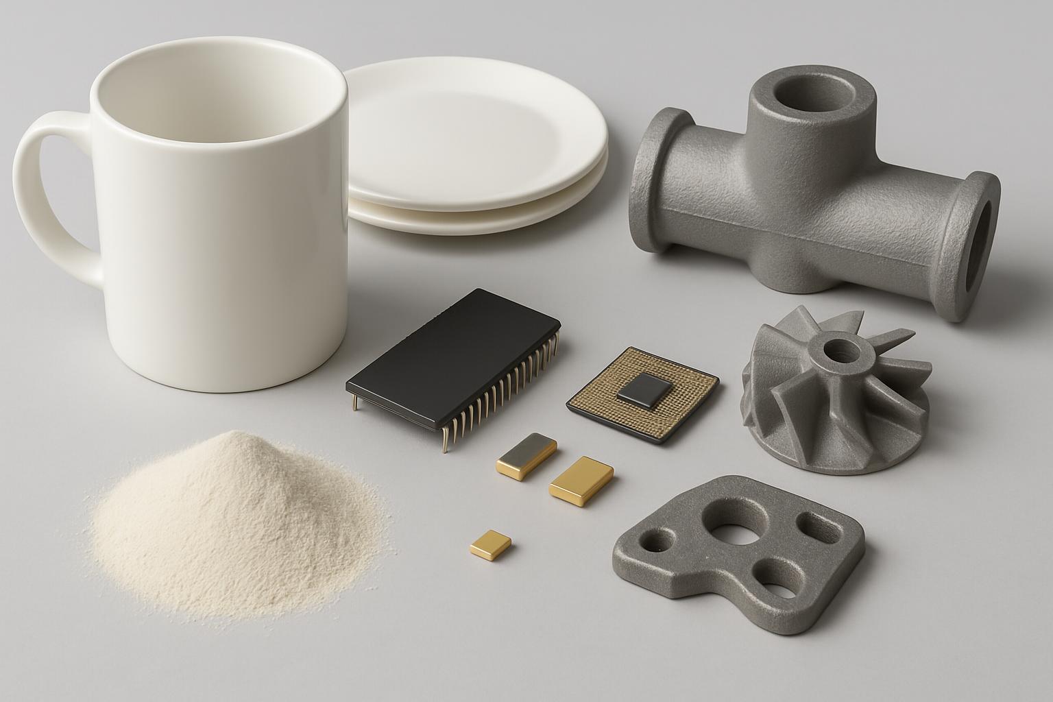 Zircon powder applications across multiple industries showing ceramic, electronic, and foundry uses