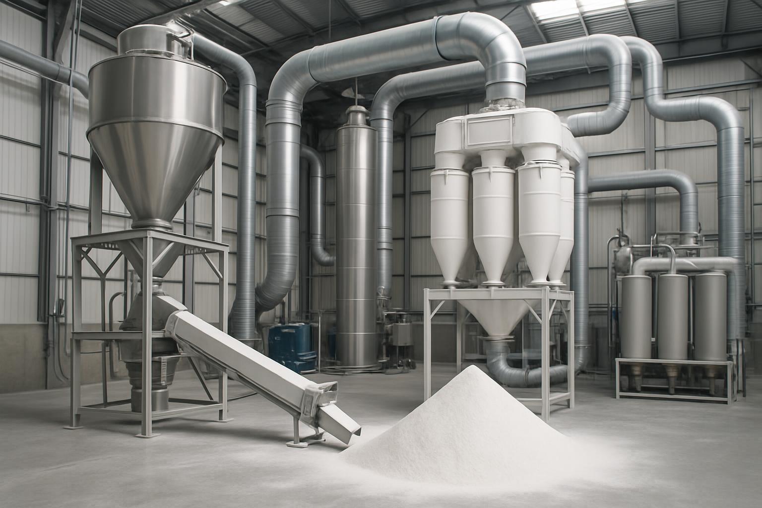 Sustainable zircon powder processing facility showing environmental controls and efficient resource management