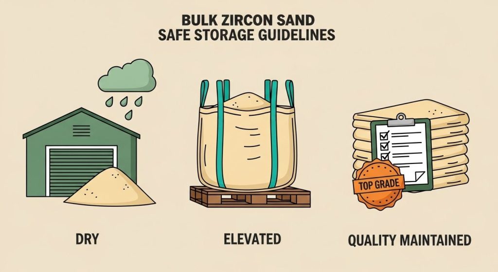 Infographic showing safe storage steps for bulk Zircon Sand: keep dry in warehouse, store elevated on pallets, maintain top grade quality.