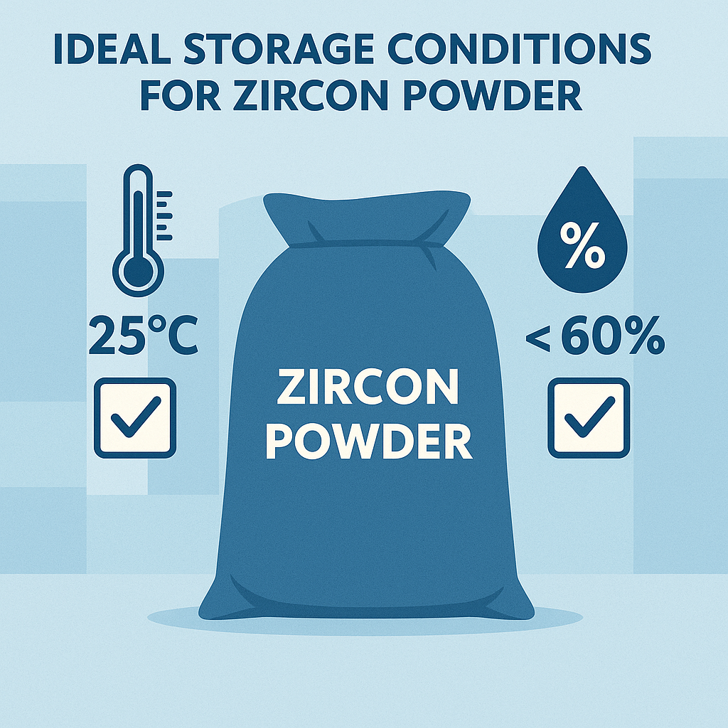 This image depicts the ideal conditions for storing zircon powder, focusing on temperature and humidity control.