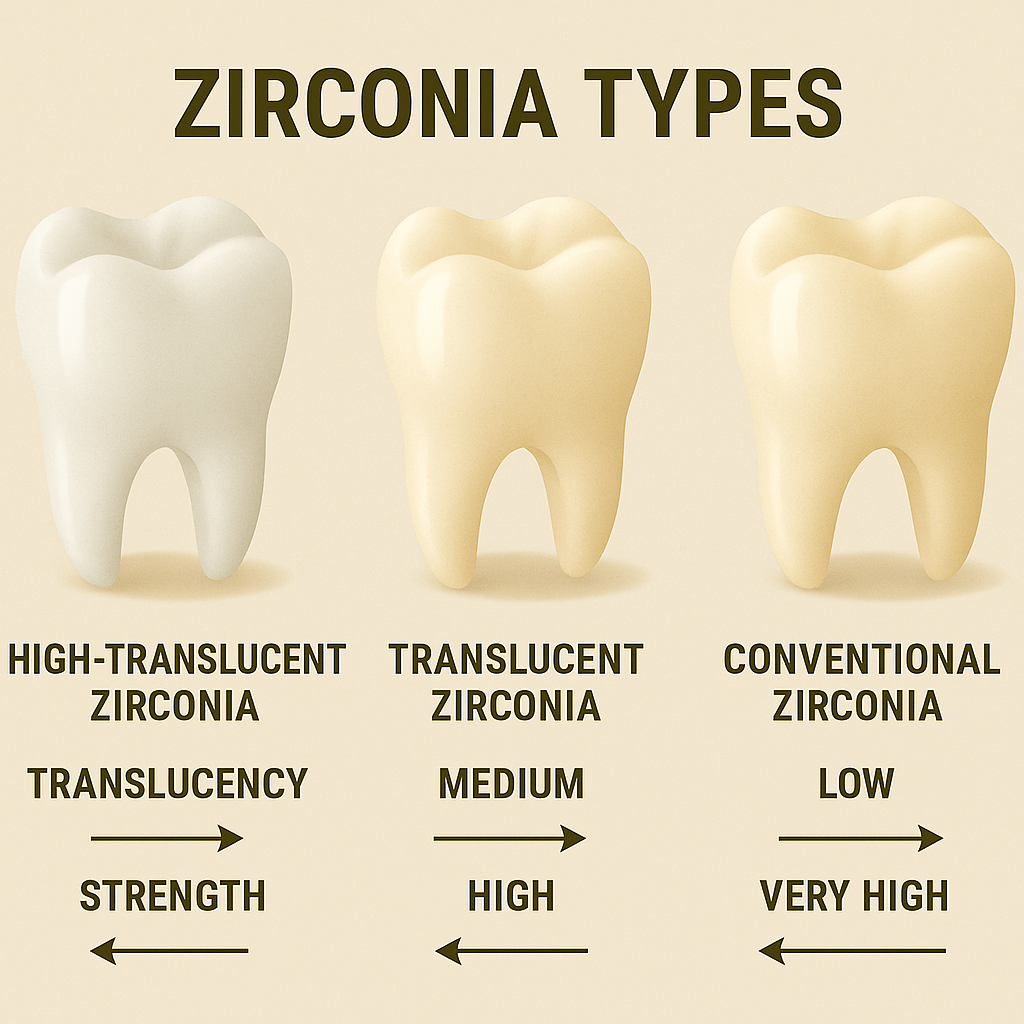 Different types of dental zirconia materials Comparison of different zirconia types showing varying levels of translucency and strength