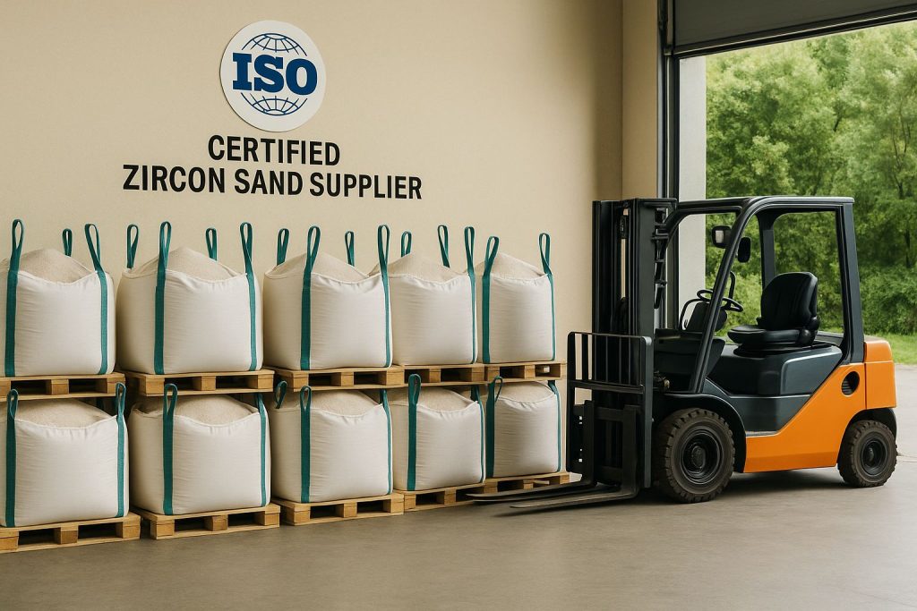 Stacked big bags of certified zircon sand on pallets next to a forklift inside a clean warehouse, showcasing ISO-certified storage standards.