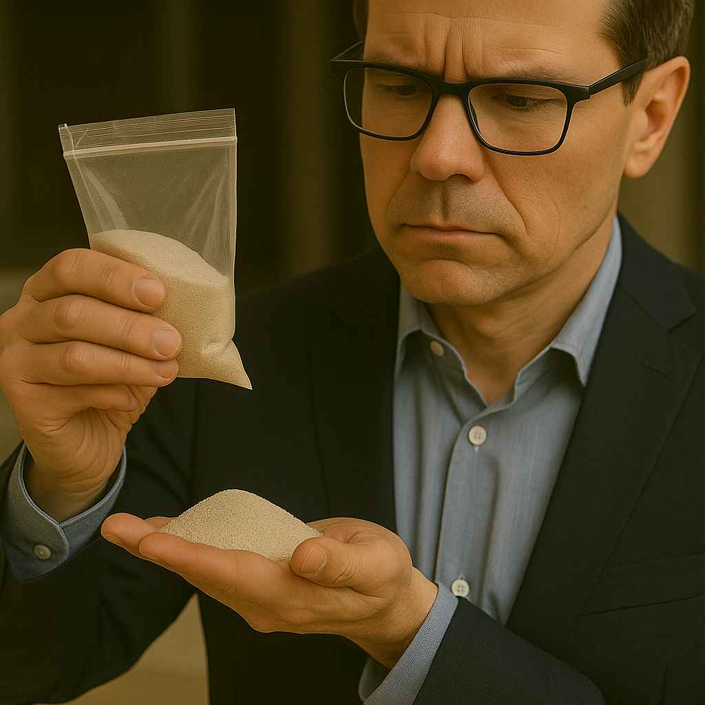 Manager inspects zircon sand with specifications clipboard.