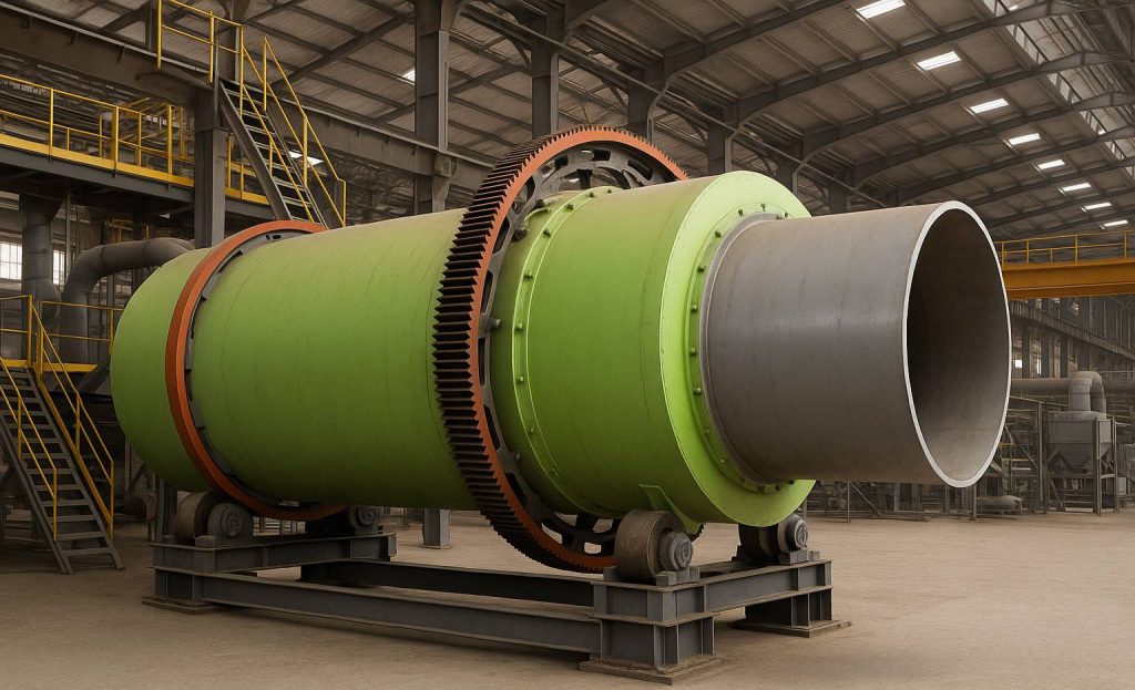 Large rotary drum dryer operating to dry bulk zircon sand efficiently in an industrial plant.