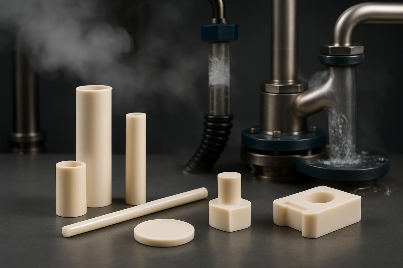 Various zirconia components displayed in an industrial chemical setting, showing resistance to aggressive chemical environments