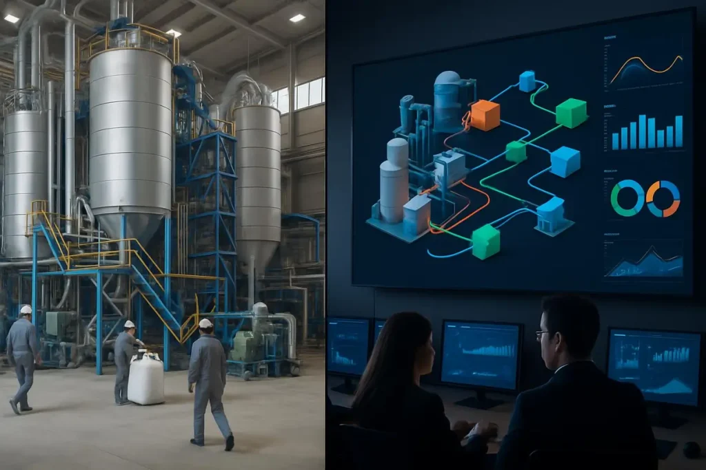 Digital twin visualization of a zirconia supply chain showing real-time material flow and potential disruption points