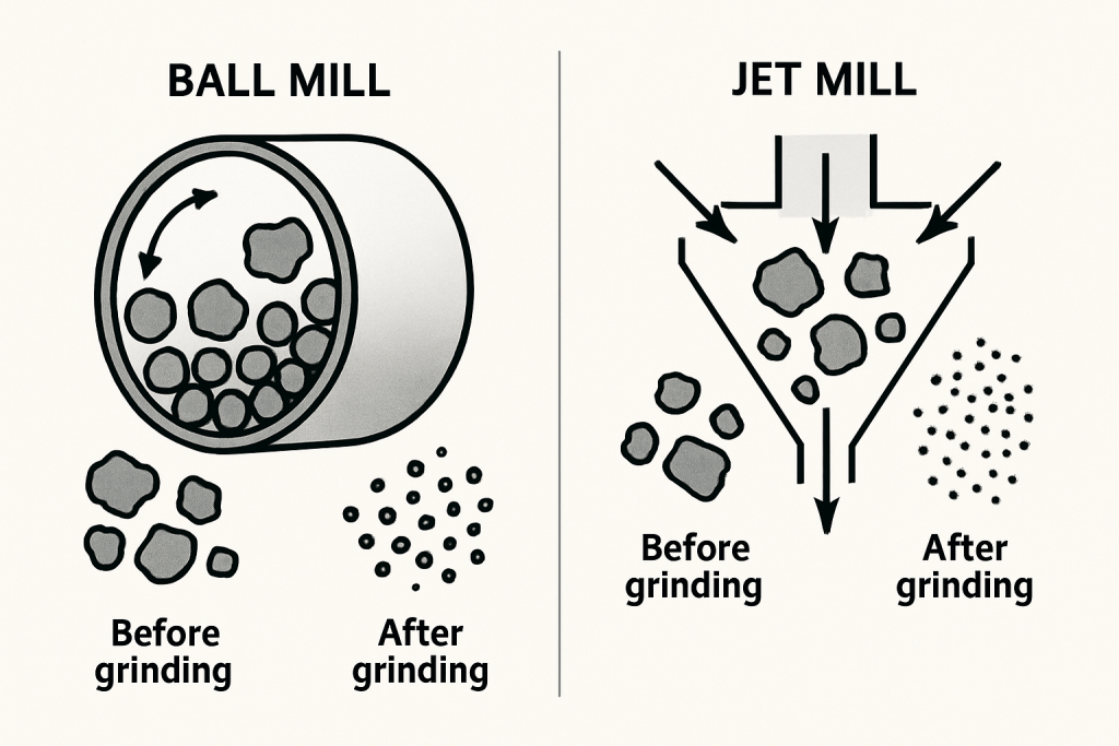 Illustration of different zircon powder grinding techniques, such as ball milling and jet milling, showing particle size reduction