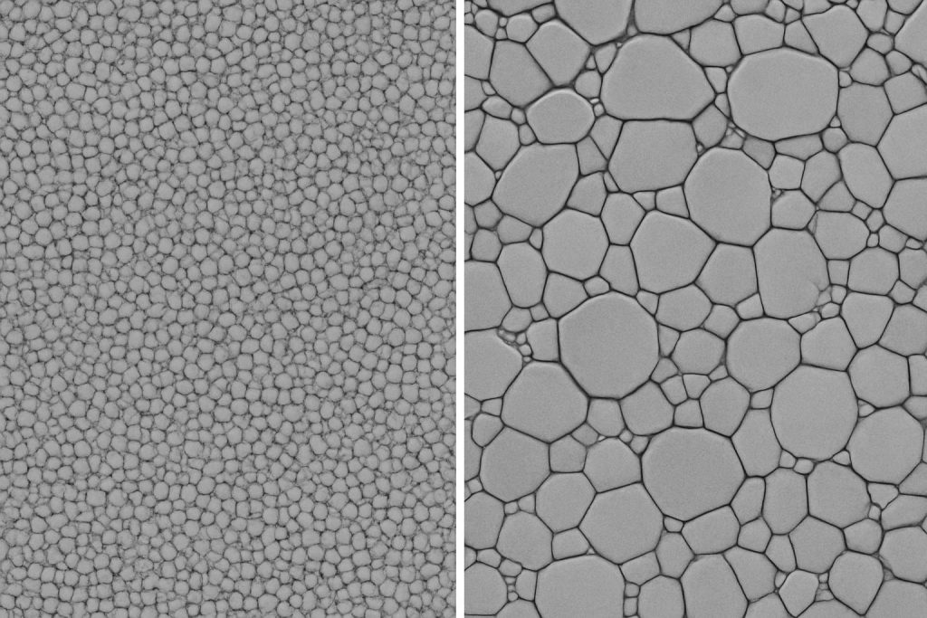 Microscopic image showing the controlled grain structure of premium zirconia compared to standard grade, with visible differences in grain size uniformity and distribution