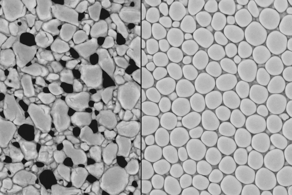 Cross-sectional image comparing the microstructure of standard and premium zirconia grades, highlighting differences in grain size uniformity, porosity, and phase distribution