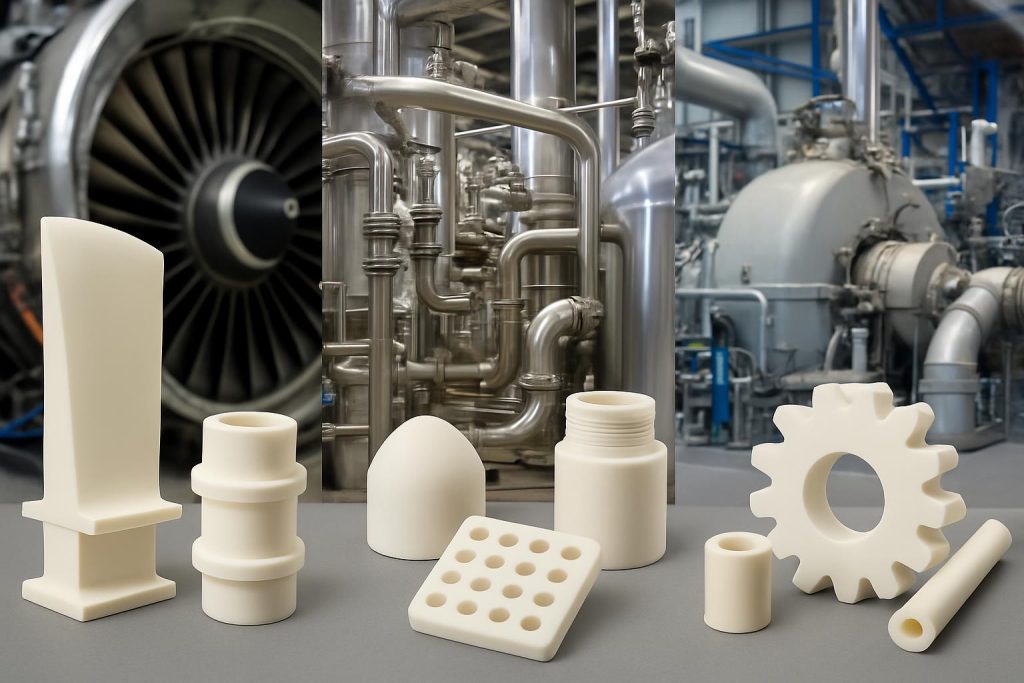 Industrial applications of advanced zirconia materials showing components used in aerospace engines, chemical processing equipment, and energy generation systems