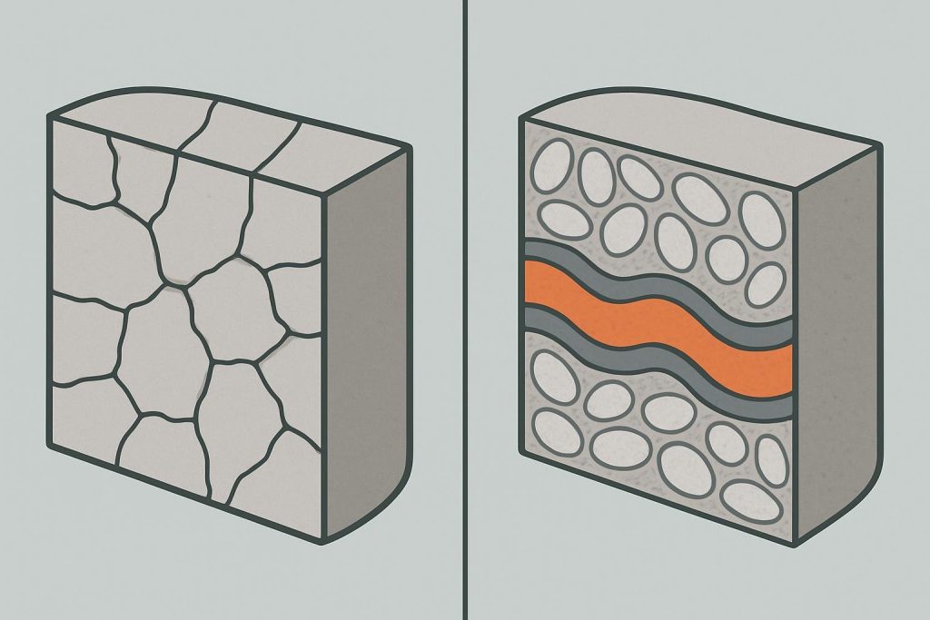 Comparison of traditional ceramic design approaches versus advanced microstructure-optimized design showing how engineered interfaces and thermal management strategies improve performance