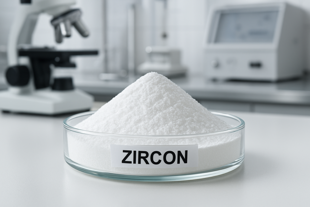 High-quality zircon powder in laboratory setting showing material purity and professional testing environment